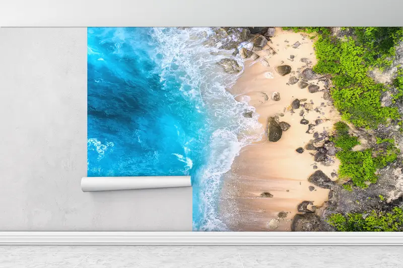 Strandwandpapier, blaue Wandkunst, Meeres -Tapete, Blick auf Wandkunst, Küstenwandmalerei, Wellenwandplakat, Küstenwallpaper, - 5