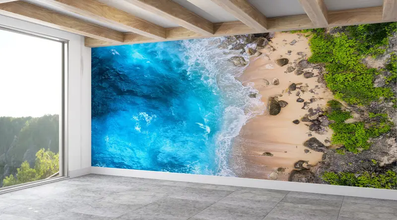 Strandwandpapier, blaue Wandkunst, Meeres -Tapete, Blick auf Wandkunst, Küstenwandmalerei, Wellenwandplakat, Küstenwallpaper, - 6
