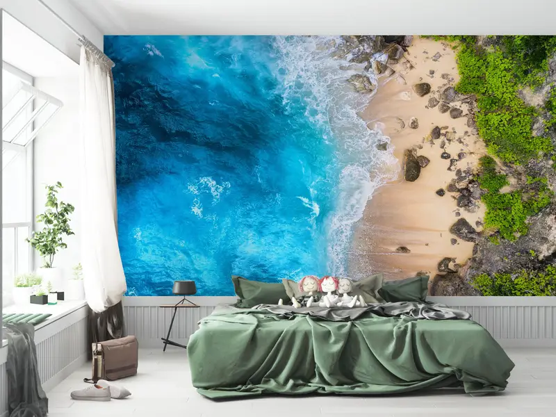 Strandwandpapier, blaue Wandkunst, Meeres -Tapete, Blick auf Wandkunst, Küstenwandmalerei, Wellenwandplakat, Küstenwallpaper, - 2