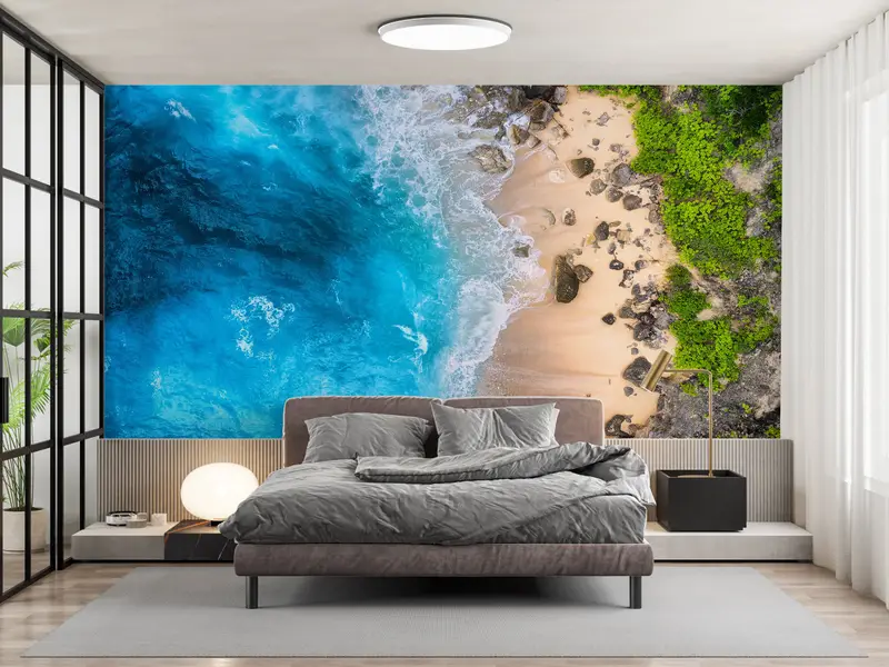 Strandwandpapier, blaue Wandkunst, Meeres -Tapete, Blick auf Wandkunst, Küstenwandmalerei, Wellenwandplakat, Küstenwallpaper, - 3