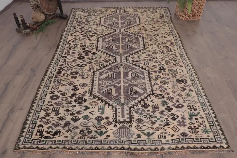 Vintage Turkish Rug, 4.9x8.2 ft Oushak Rug, Brown Large Floral Rug - 1