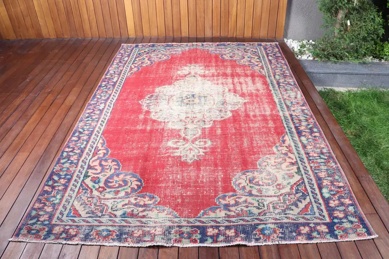 Turkish Vintage Rug, 5.8x8.7 ft Oushak Rug, Red Blue Plants & trees Wool Rug - 1