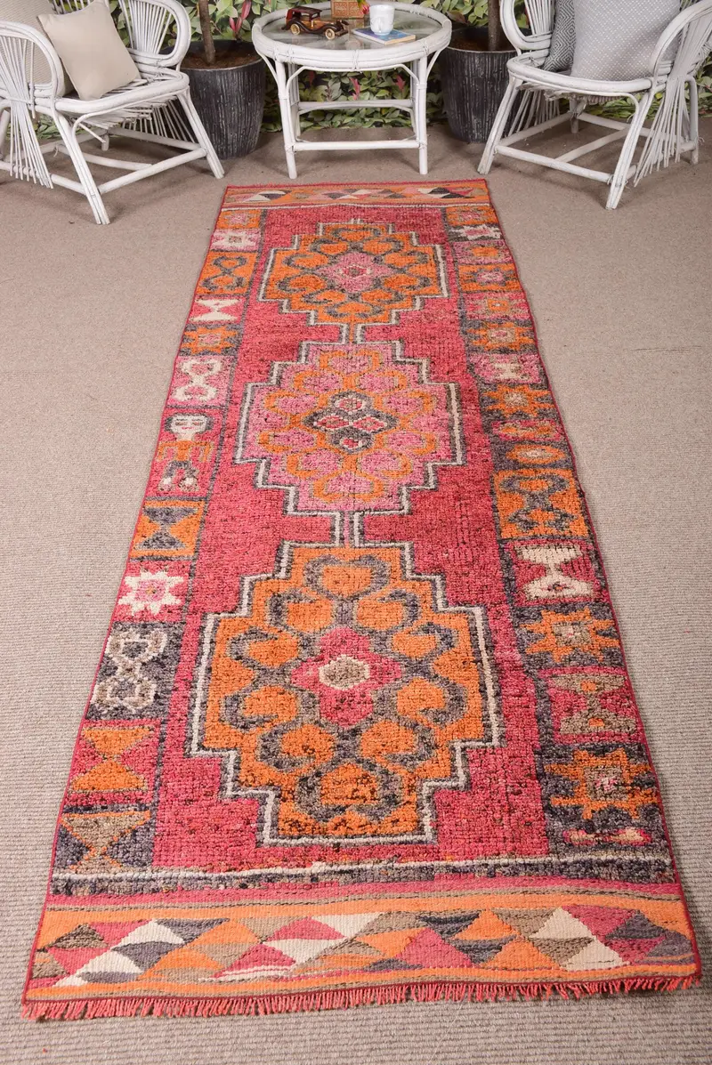 Vintage Runner Halı 3x10,2 ft, Kırmızı Turuncu Halı Yün - 1