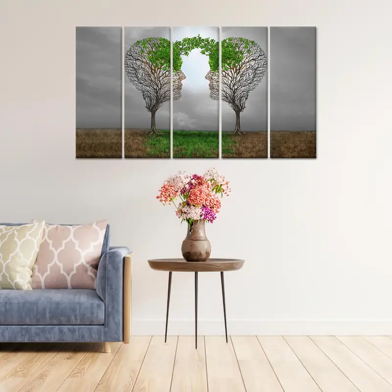 Umutlu Bahar Kanvas Tablo: Soyut Ağaç Çift Terapisi Kanvas Tablo