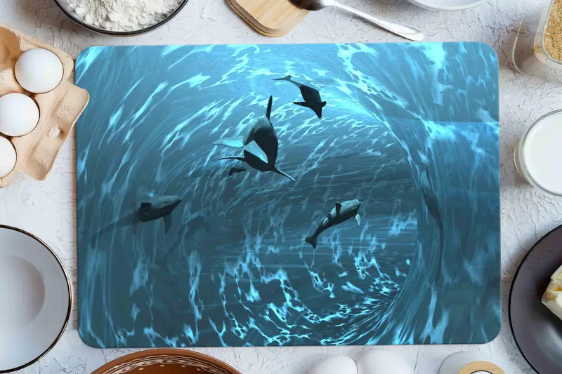 アクアをイメージしたガラスまな板、強化、安全、モダンなキッチン