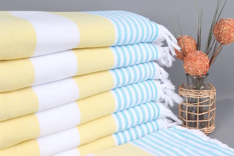 Wedding Gift Terry Peshtemal Yellow-Turquoise Striped Towel, Organic Cotton, 36x67 Inches