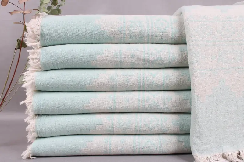 Large Towel Turkish Throw Blanket Mint Beige, 79x91 Inches