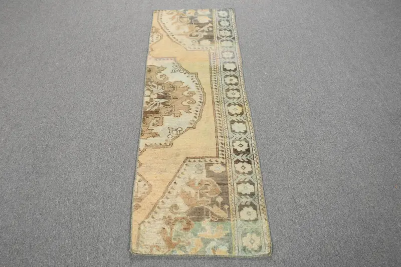 Turkish Vintage Rug 1.8x5.6 ft (54x170 cm), Oushak Brown Wool Rug - 1