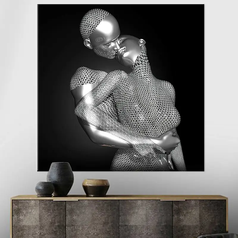 Romantic 3D Silver Canvas: Erotic Kiss for Valentine's Day