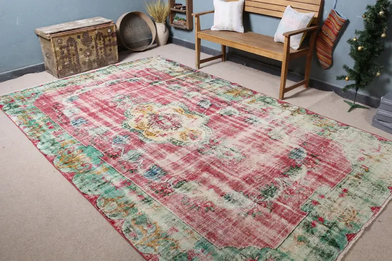 Rot-grüner Teppich, 6,8 x 11,3 Fuß, botanisches Design