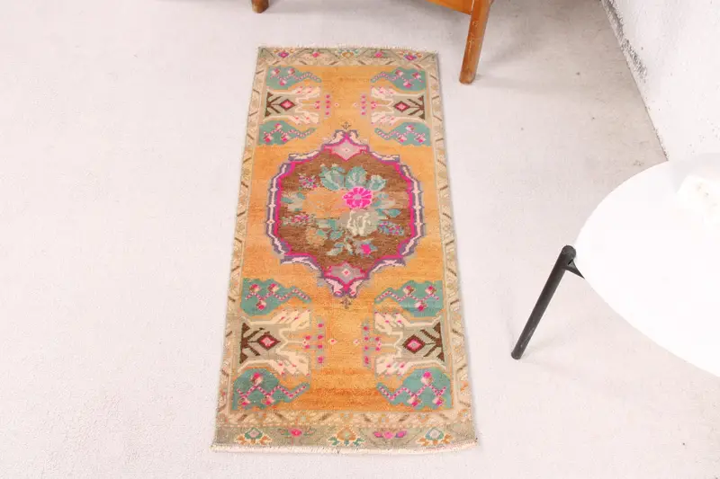 Handmade Yellow Rug, 1.2x3.5 ft Green Striped Geometric