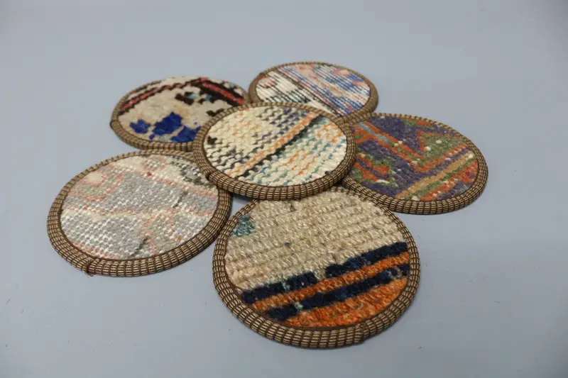 Bohemian Round Coaster Set, Blue and Orange Ethnic Coasters