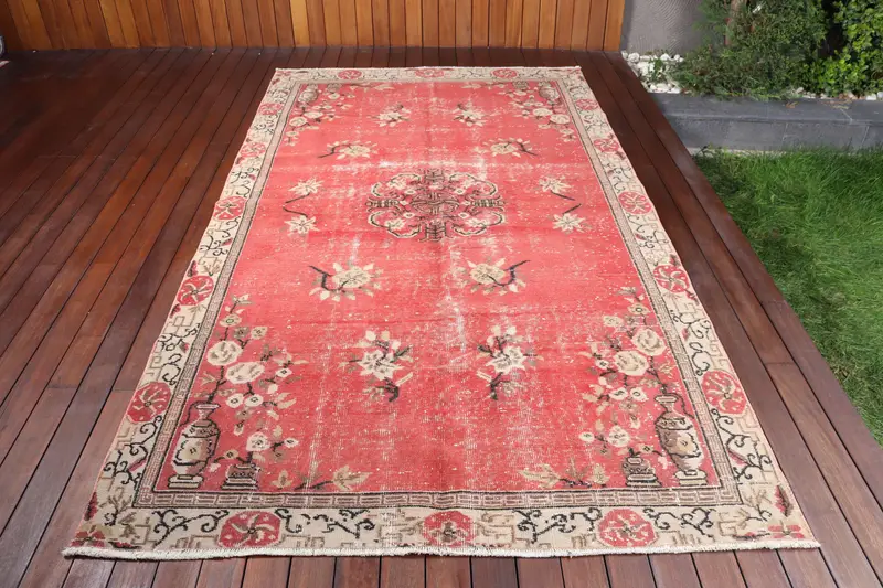 Vintage Türk Oushak Büyük Halı 5.3x9.5 ft, Kırmızı Bitkiler ve ağaçlar Halı Yün - 1