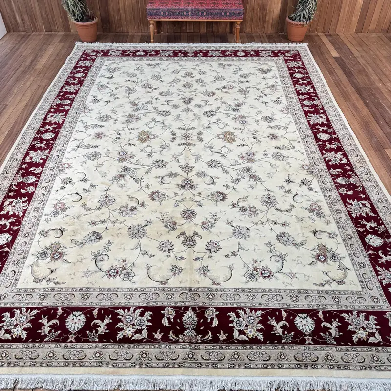 Vintage Turkish Rug, 10.1x13.8 ft Oversize Rug, White Oushak Striped Rug - 1