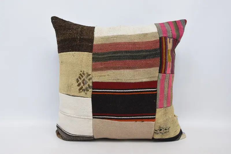 Turkish Moroccan Wool Pillow Case, 28x28 inch LuxuryBrown Striped Cushion - 1