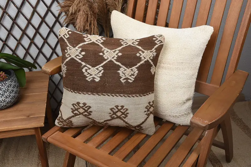 Türkischer antiker dekorativer Kissenbezug, gewebter beige 14x14 cm geometrischer Wollkissenbezug - 1