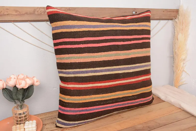 Almohada de tiro de rayas marrones y rojas, almohada vintage bordada de 32x32