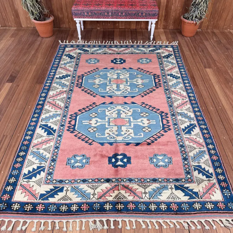 Vintage Large Rug, 5.8x8.4 ft Turkish Rug, Blue Plants & trees Wool Rug - 1