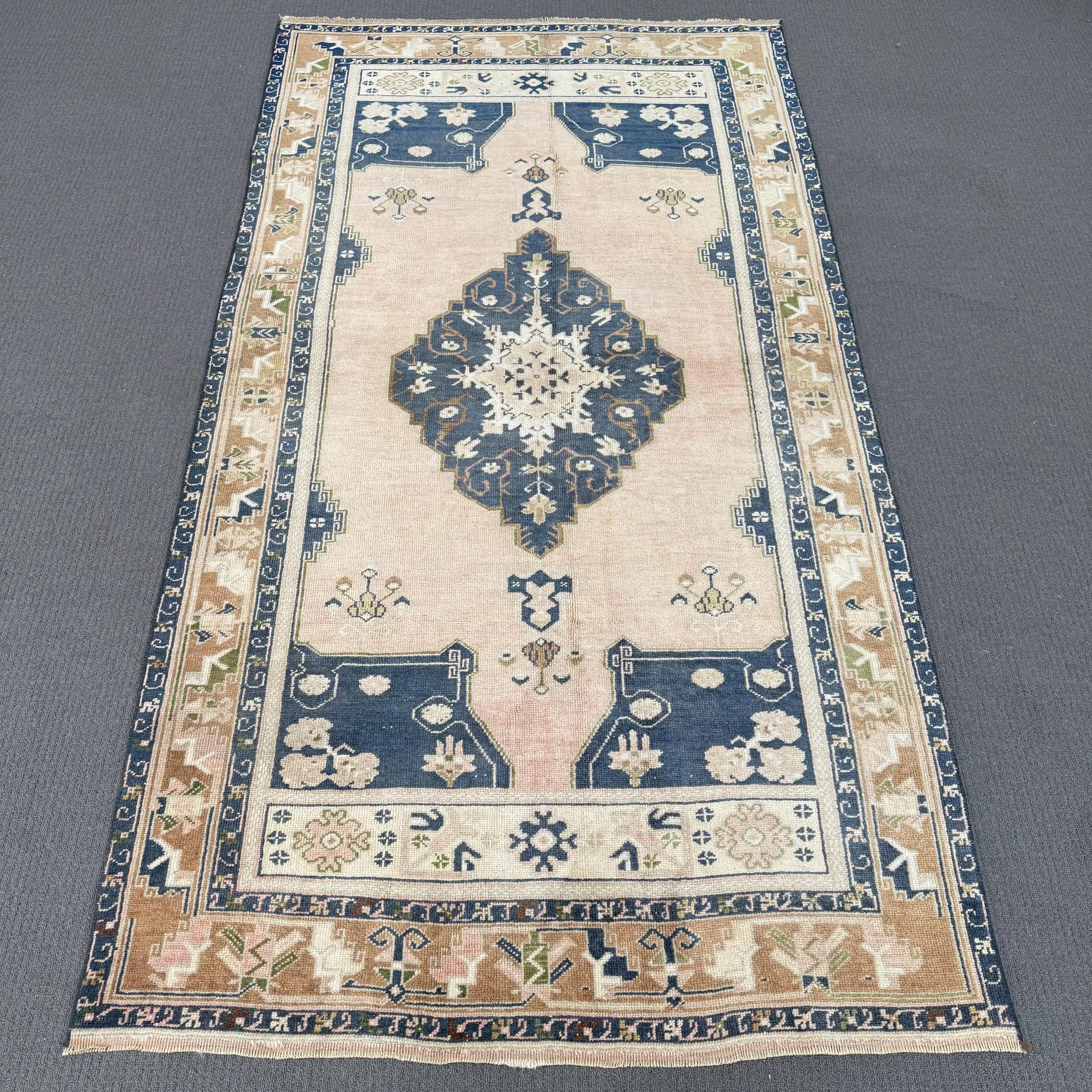 Turkish Vintage Rug, 3.8x7.4 ft Rug, Blue Floral Wool Rug - 1