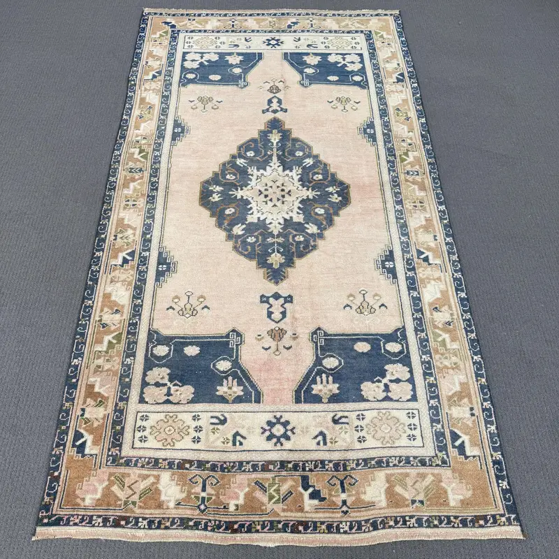 Pink & Blue Geometric Rug, 3.8x7.4 ft Chic Decor