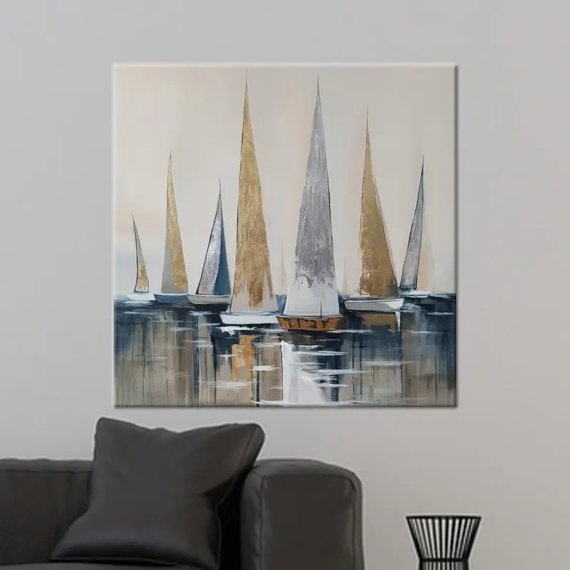 Goldene abstrakte Meeresboot-Leinwand: Elegantes gedrucktes Kunstdekor