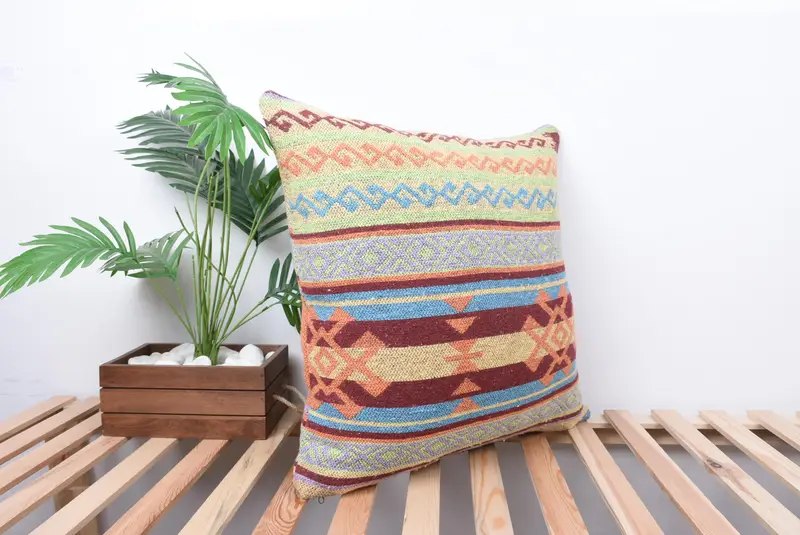 Handmade Kilim Cushion, 24x24 Green Pillow, Vintage Kilim Pillow, Pillow Sham, Knitted Cushion, Pillow for Couch, Southwestern Pillow Case - 4
