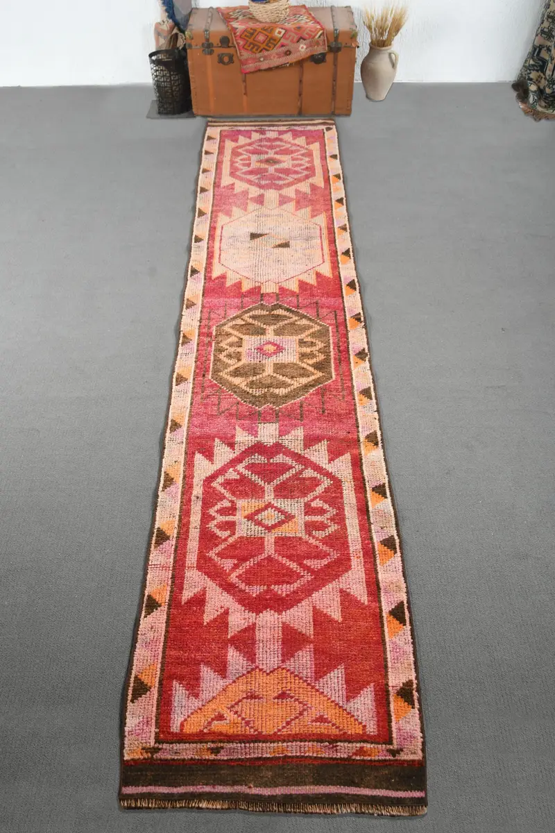 Turkish Vintage Herki Rug 2.6x12.3 ft, Red Runner Camouflage Wool Rug - 1