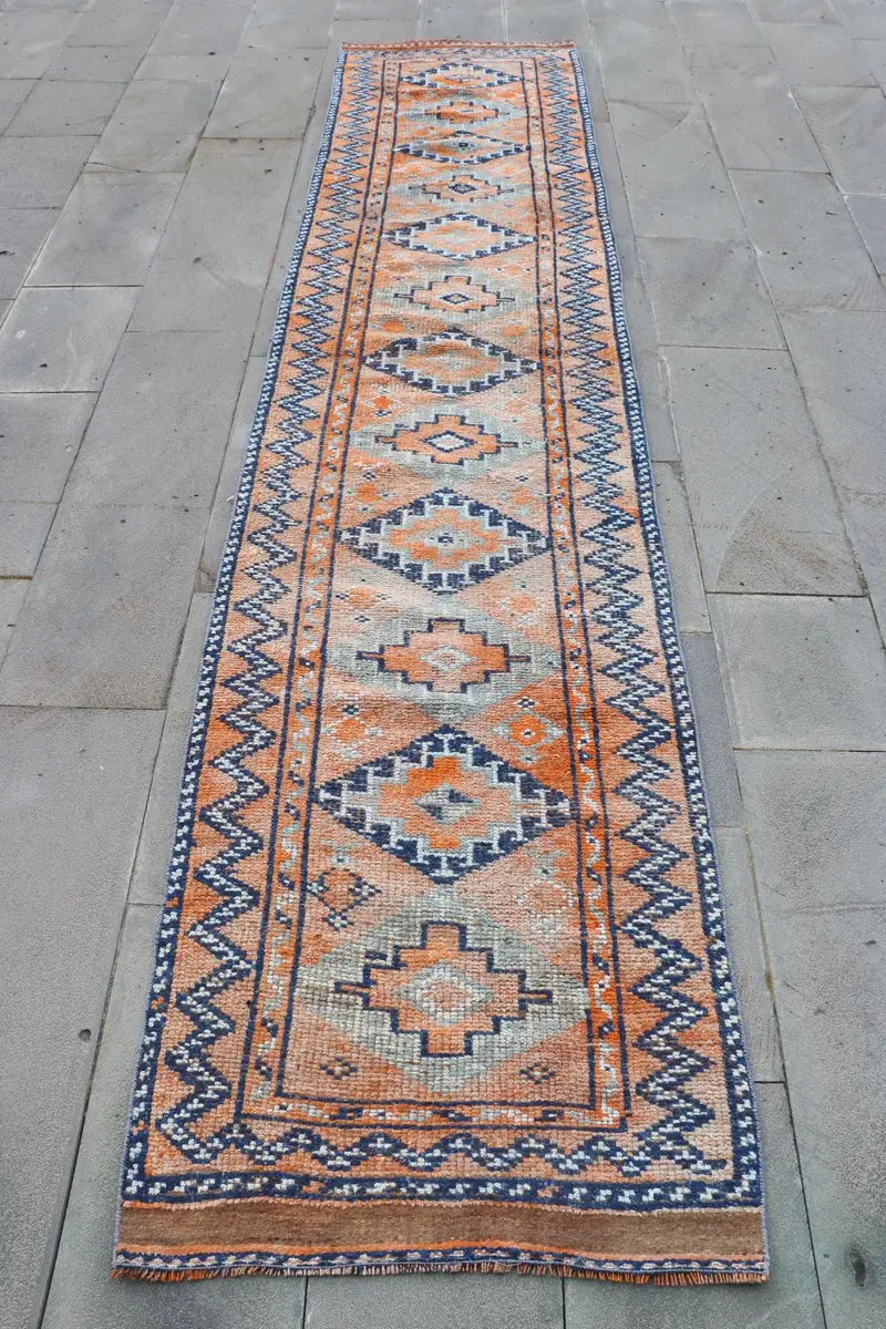 Turkish Vintage Herki Rug 2.6x11.9 ft, Orange Runner Wool Rug - 1