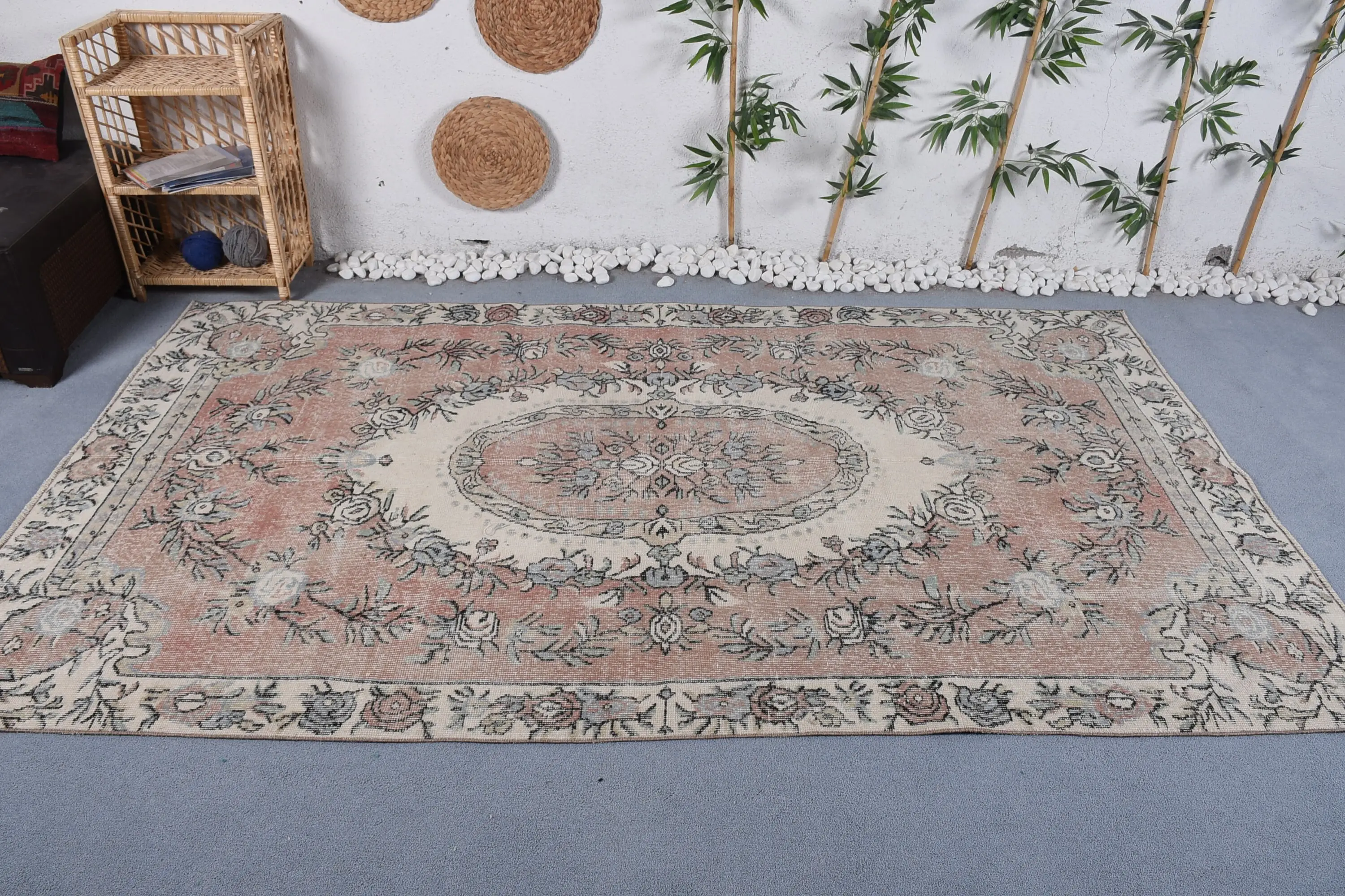 Zarif Bej ve Mavi Halı, 5,5x9,4 ft Çizgili Geometrik Tasarım - 1