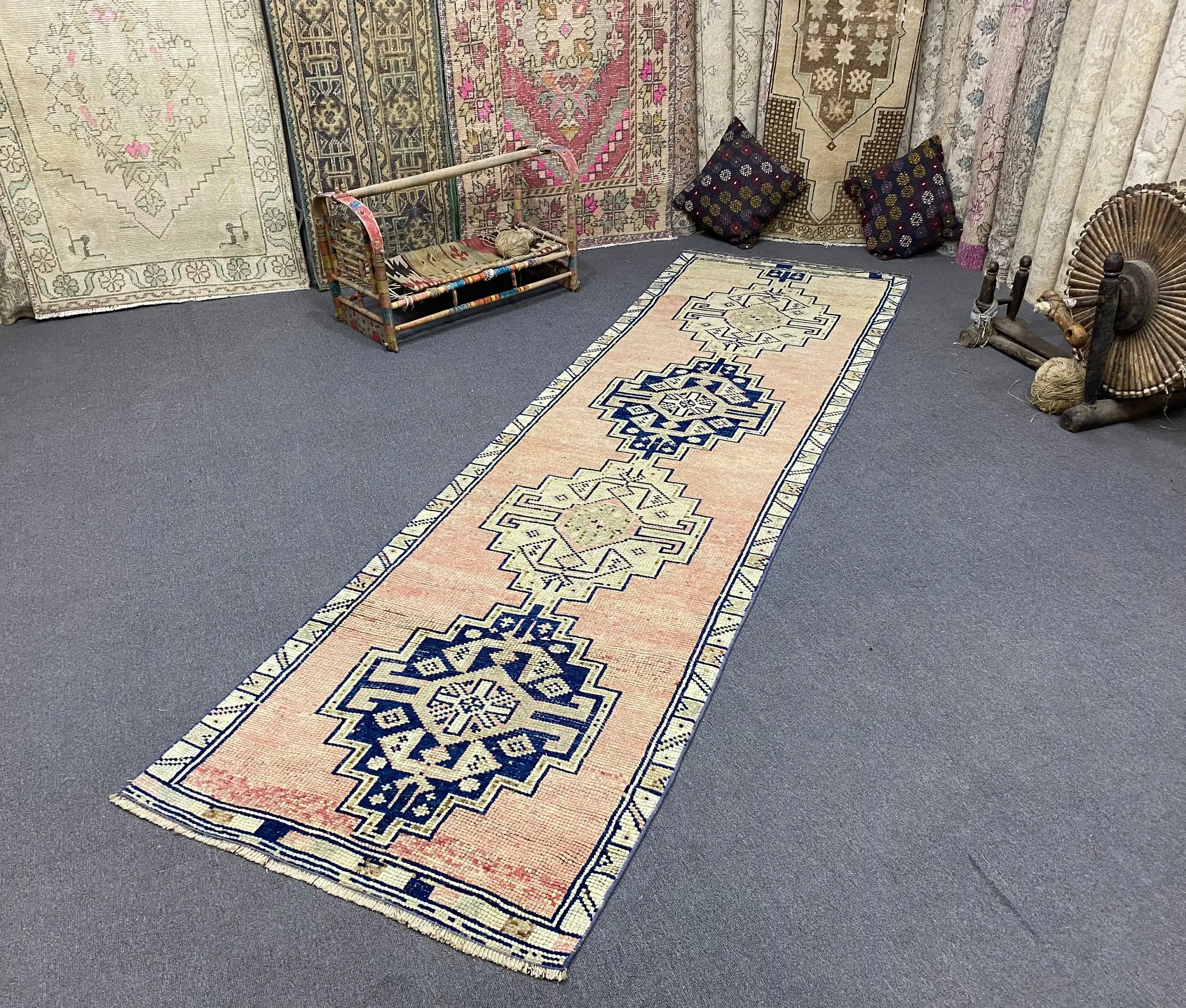 Turkish 2.9x10.4 ft Rug, Vintage Rug, Blue Floral Rug Wool - 1