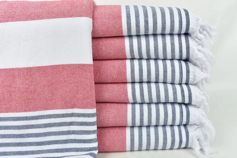 Custom Turkish Towel Red-Navy Blue Striped Terry Towel, 36x67 Inches