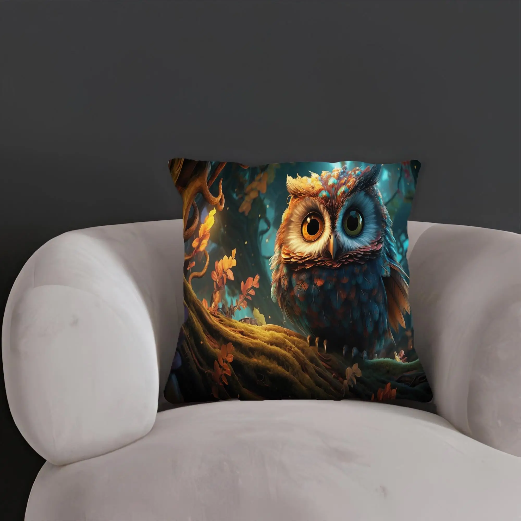Surreal Owl Big Eyes Tree Printed Pillow - Nature Accent - 1