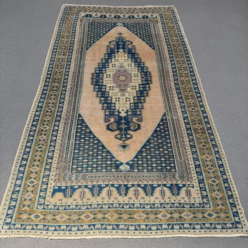 Blue & Beige Floral Rug, 0.4x9.2 ft Chic Decor