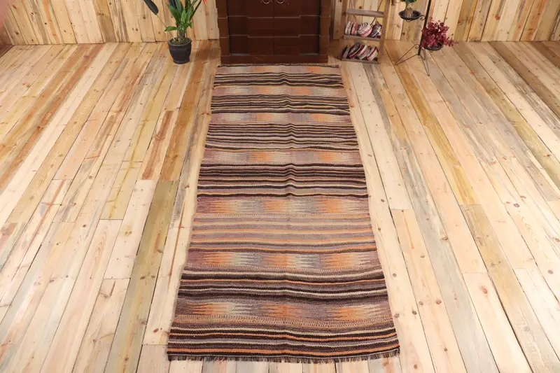 Alfombra turca Runner de 3,4x9,5 pies, alfombra vintage, alfombra de lana geométrica marrón naranja - 1