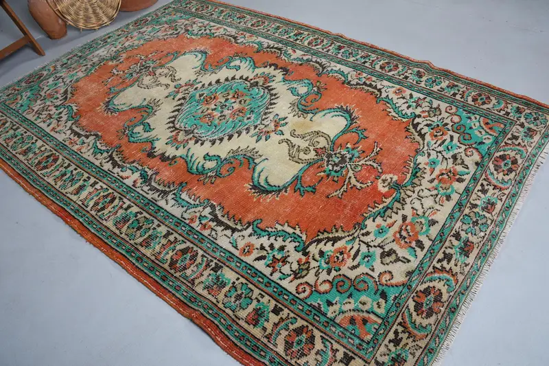 Türkischer Vintage-Teppich, 5,9 x 8,9 Fuß großer Teppich, orangefarbener Oushak Ombré-Teppich - 1