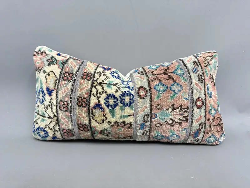 Almohada de tiro Kilim azul y verde hecha a mano, almohada de patchwork bordada de 12x24