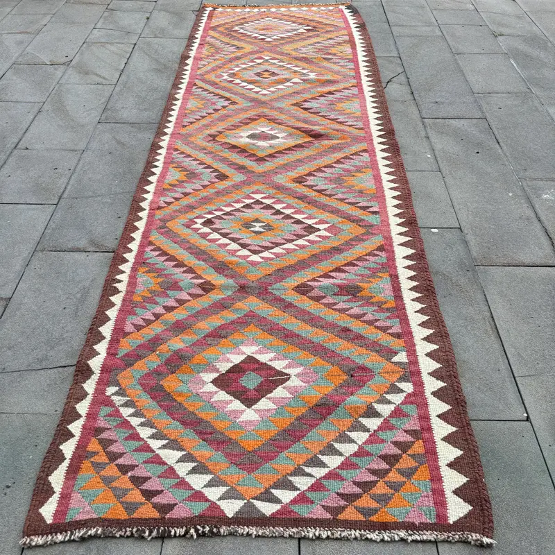 3.4x11.3 ft Rug, Turkish Vintage Rug, Red Orange Abstract Wool Rug - 1