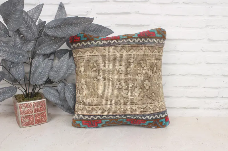Kilim Pillow Cover, Interior Designer Pillow, Bench Pillow Cover, Rustic Cushion Cover, Pillow, Ikat Pillow Case, Turkish Pillow, 16x16 Brown Pillow - 1