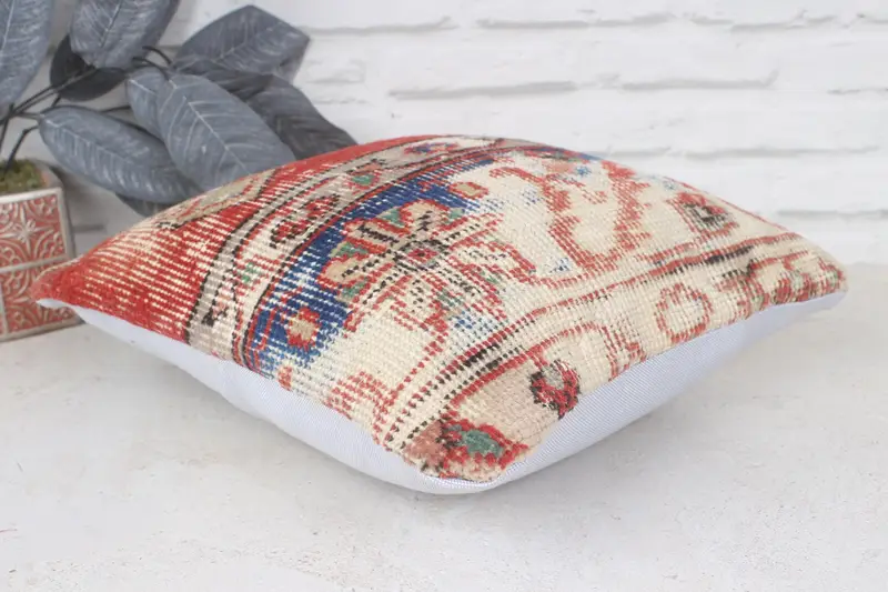 Kilim Cushion Sham, Tapestry Pillow Cover, Cushion, Vintage Kilim Pillow, Farmhouse Cushion, Boho Pillow Sham Cover, 14x14 Red Pillow - 6
