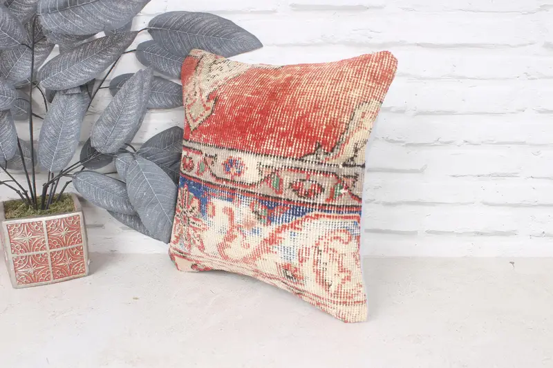 Kilim Cushion Sham, Tapestry Pillow Cover, Cushion, Vintage Kilim Pillow, Farmhouse Cushion, Boho Pillow Sham Cover, 14x14 Red Pillow - 4
