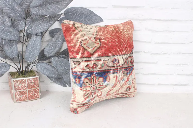 Kilim Cushion Sham, Tapestry Pillow Cover, Cushion, Vintage Kilim Pillow, Farmhouse Cushion, Boho Pillow Sham Cover, 14x14 Red Pillow - 3