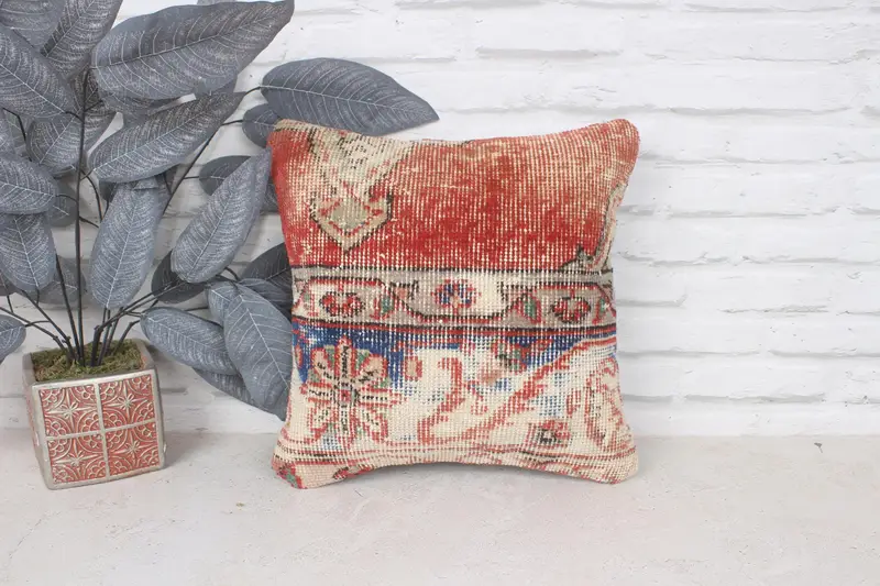 Kilim Cushion Sham, Tapestry Pillow Cover, Cushion, Vintage Kilim Pillow, Farmhouse Cushion, Boho Pillow Sham Cover, 14x14 Red Pillow - 1