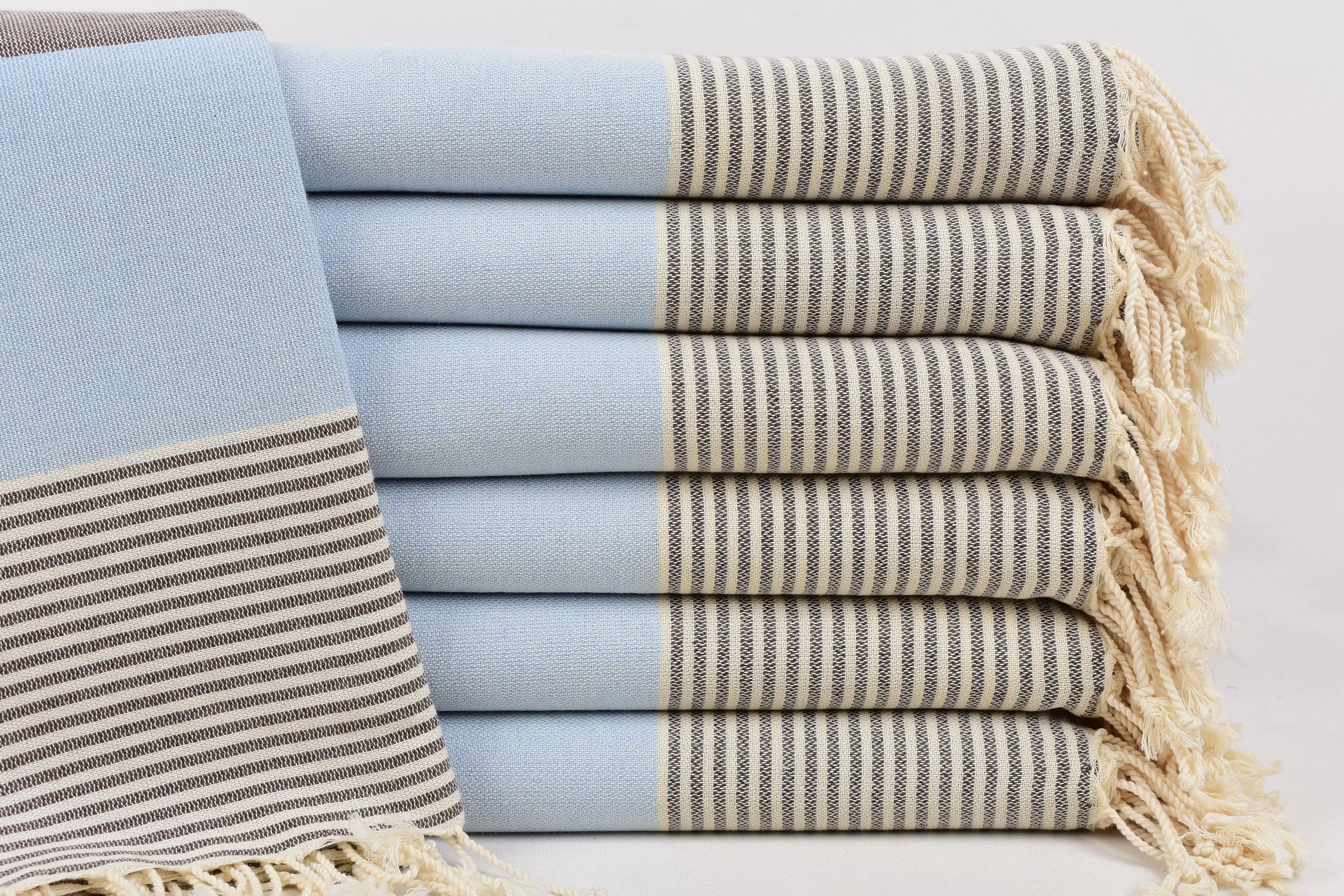 Beach Towel Monogrammed Turkish Cotton Blue-Brown Stripes, 67x40 Inches - 1