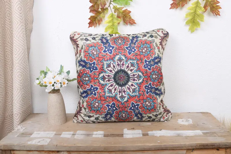 Handmade Orange & Green Kilim Throw Pillow, Vintage Square Pillow