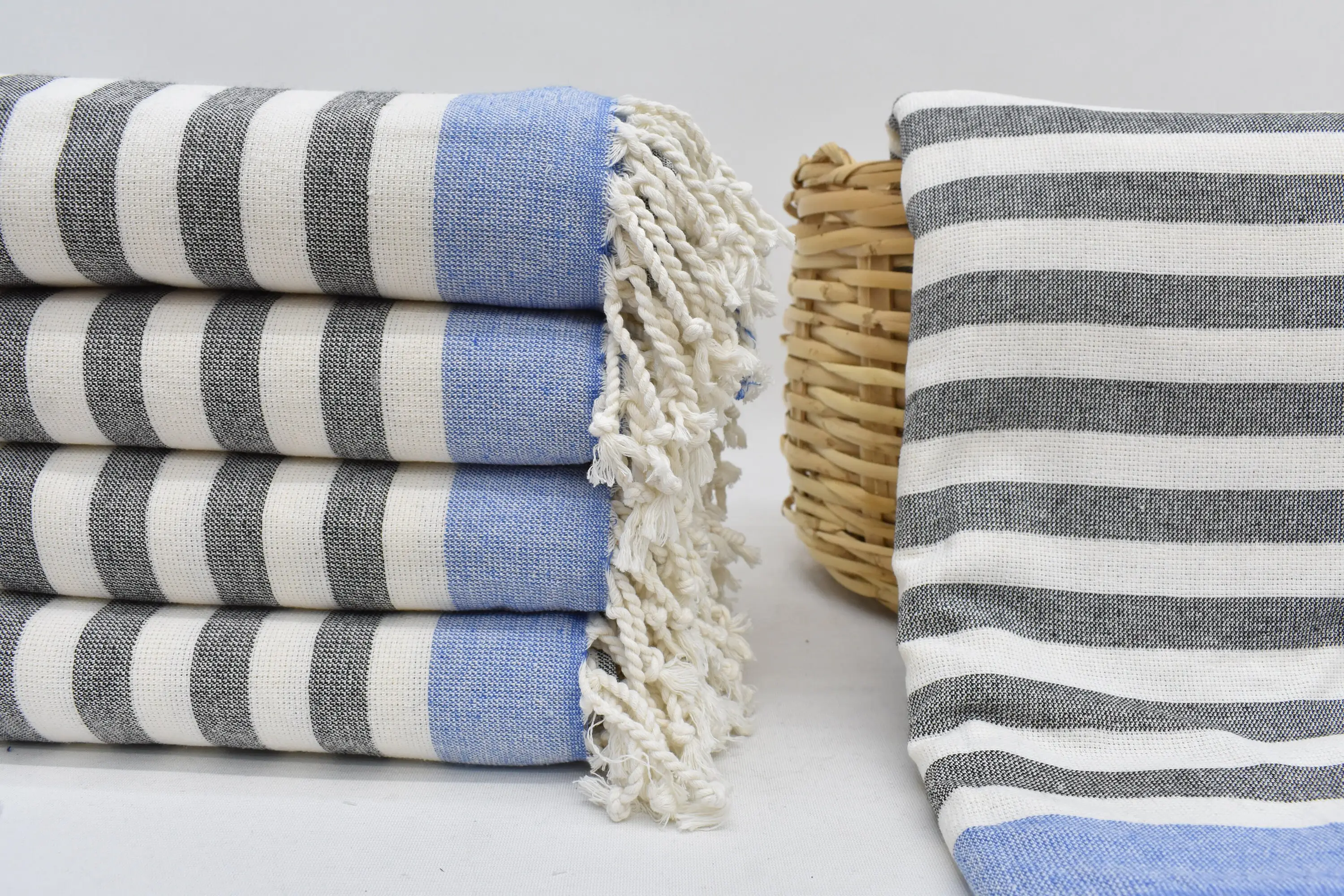 Beach Towel Handmade Organic Cotton Sax Blue Stripes, 67x40 Inches - 1