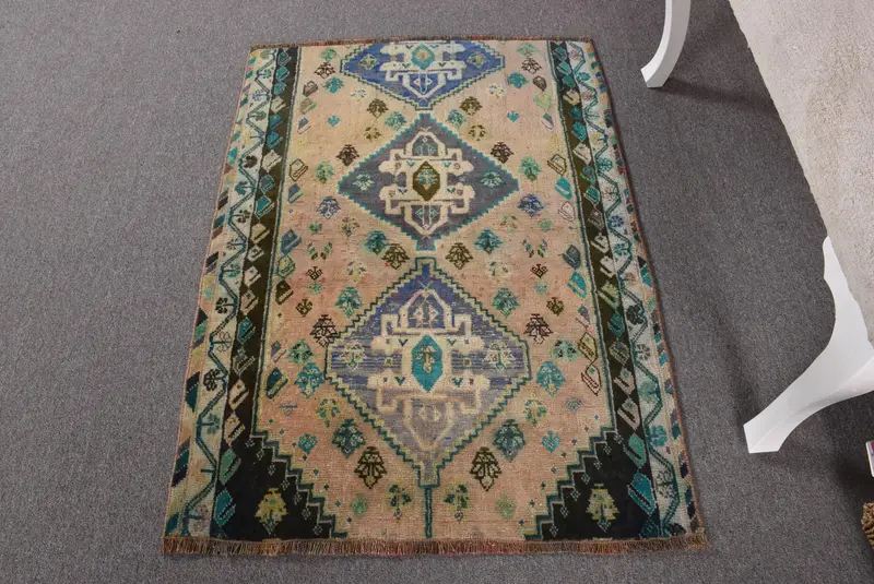 Türkischer 2,6x3,5 ft Teppich, Oushak Vintage Teppich, blau gepunkteter Wollteppich - 1