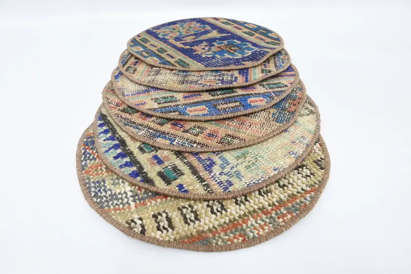 Manteles individuales circulares bohemios en azul y beige, decoración de cocina de algodón y lana