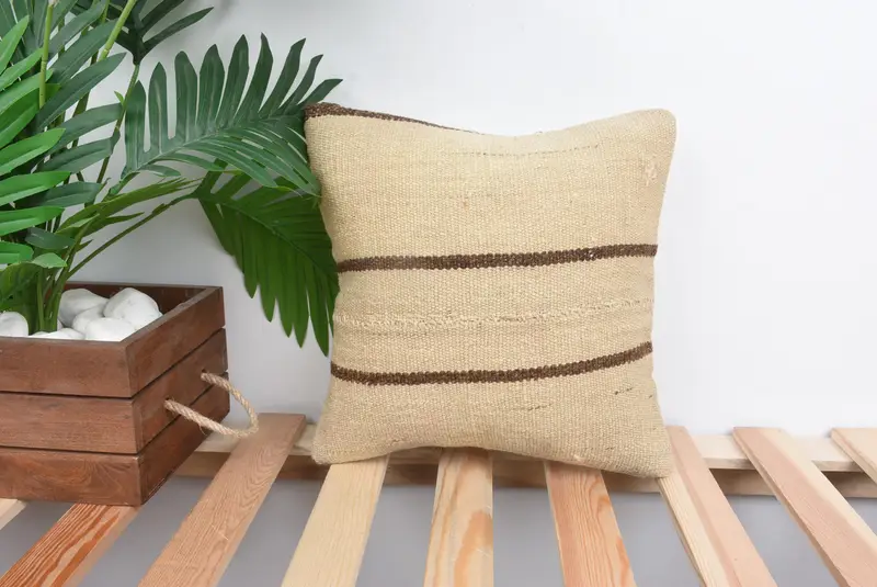 Interior Designer Pillow, Vintage Kilim Pillow, Indoor Pillow, Cushion Cover, Authentic Pillow Cover, Vintage Pillow, 12x12 Beige Pillow Sham - 1