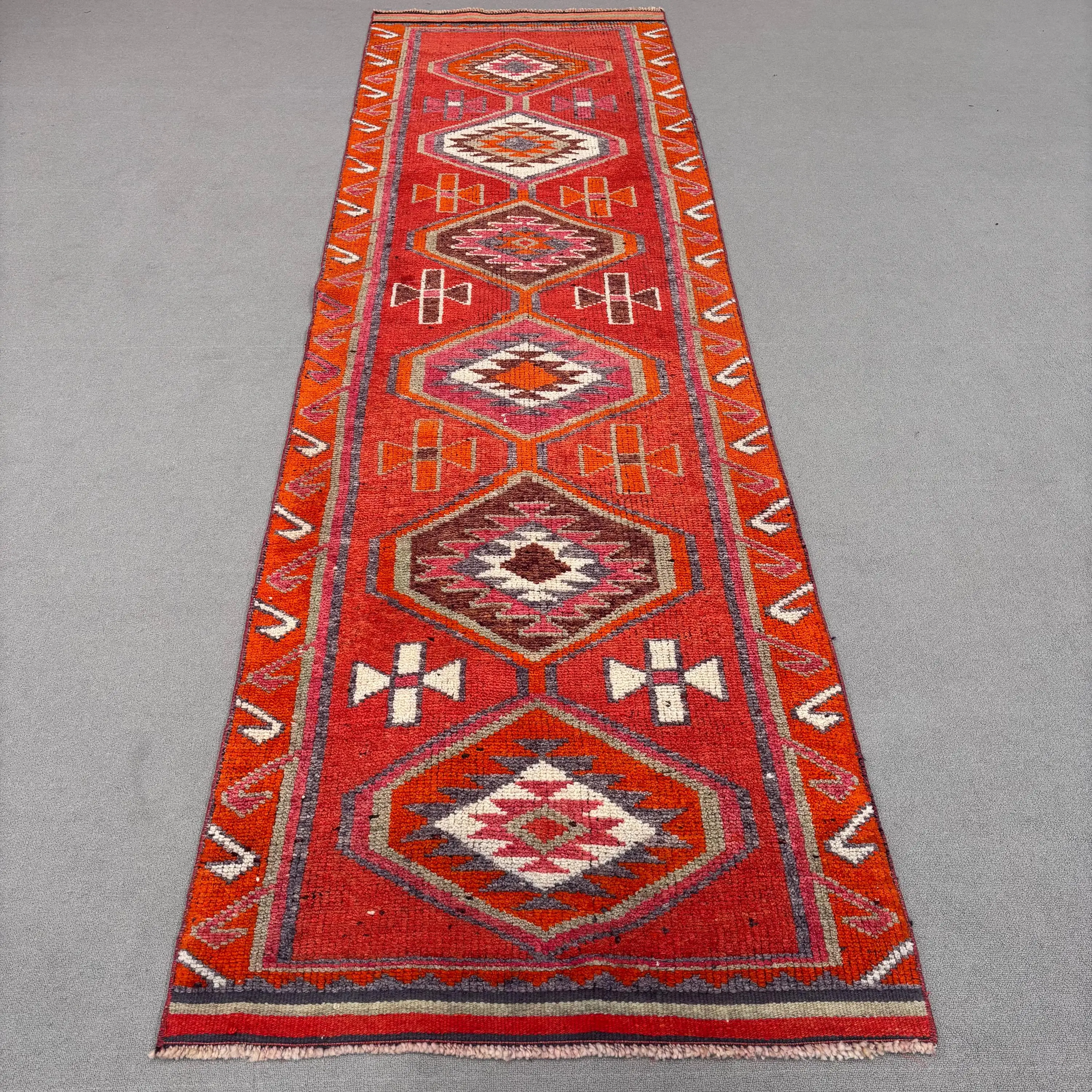 3,2x11,1 ft Teppich, türkischer Vintage-Läuferteppich, roter Herki-Wollteppich - 1