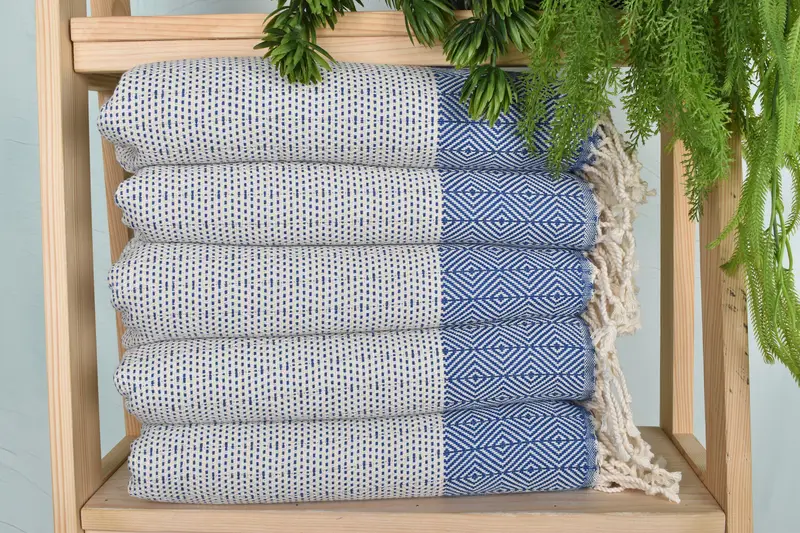 Diamond Dish Towel Sax Blue Organic Cotton/Linen Hand Towel, 36x18 Inches